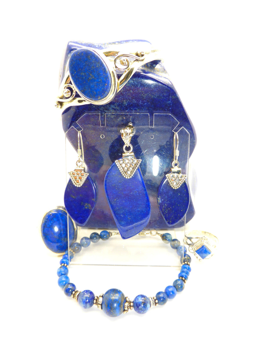 2P Set Solid 925 Silver Clover Blue sold Lapis Lazuli W/Lab-Diamond Bracelet & Earrin