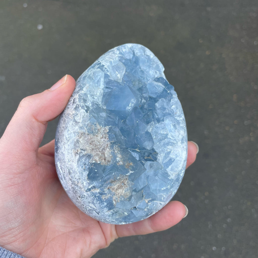 Celestite Cluster | Madagascar | Nice colour & crystal formation | Shaped into an Egg | Gemini | Relax Clarify Mind | Open Higher Communication | AKA Celestine or Celestina | Genuine Gems from Crystal Heart Melbourne Australia since 1986