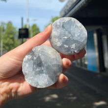 Load image into Gallery viewer, Celestite Cluster | Madagascar | Nice colour &amp; crystal formation | Shaped into a Sphere | Gemini | Relax Clarify Mind | Open Higher Communication | AKA Celestine or Celestina | Genuine Gems from Crystal Heart Melbourne Australia since 1986