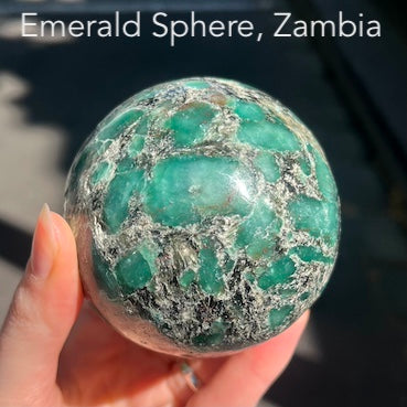 Emerald in Matrix Sphere | Genuine Stone | Well defined Emerald Crystals | Heart Healing | Inspirational | Motivating | Genuine Gems from Crystal Heart Melbourne Australia since 1986