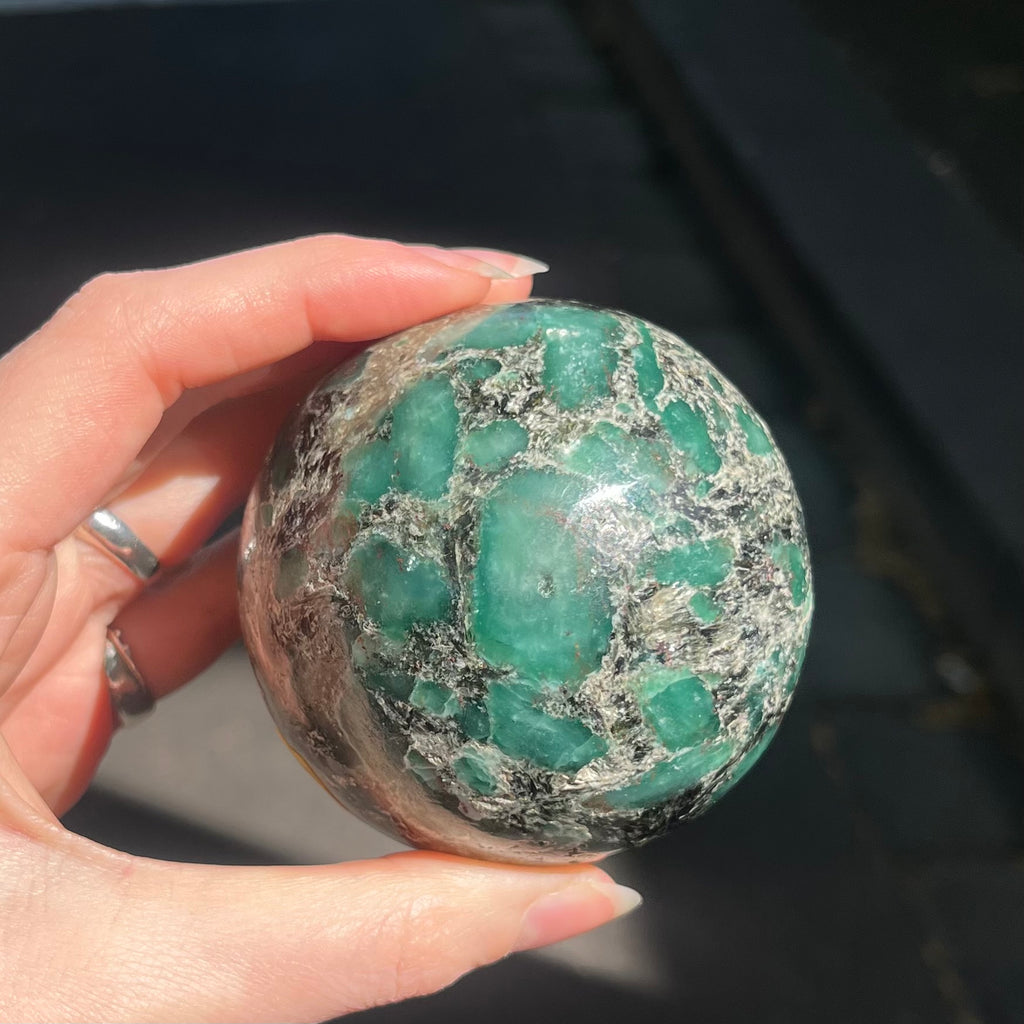 Emerald in Matrix Sphere | Genuine Stone | Well defined Emerald Crystals | Heart Healing | Inspirational | Motivating | Genuine Gems from Crystal Heart Melbourne Australia since 1986