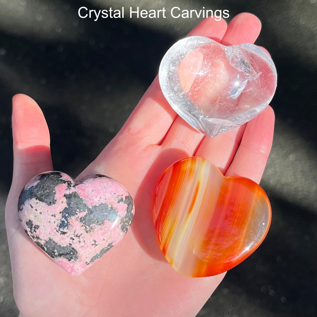 Crystal Heart Carvings | Clear Quartz | Rhodonite | Carnelian | Heart Healing | Manifestation | Creativity | Handheld Meditation | Crystal Heart Melbourne Australia since 1986