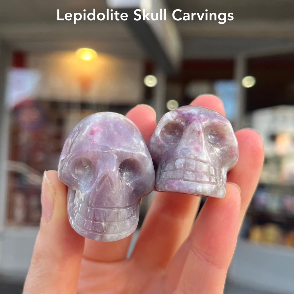 Lepidolite Skull Carving | Stone of the Spiritual Warrior | Turn stress into power | Genuine Gems from Crystal Heart Melbourne Australia since 1986