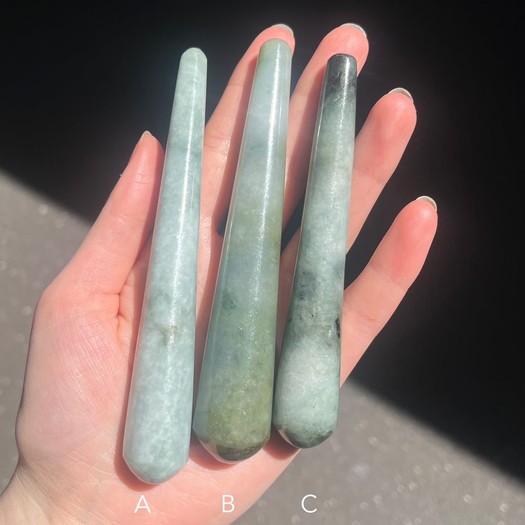 Myanmar Jade Healing Wand | Massage Energy Tool | Swirl Design | Natural Specimen, light surface polish | Organic subtle markings | Genuine Gemstones from Crystal Heart Melbourne Australia since 1986