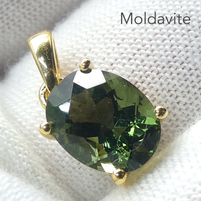 Moldavite Pendant | Dainty Faceted Oval |  Genuine Stone | Gold Plated 925 Sterling Silver | Vermeil | Intense heart personal transformation | Moldau Valley | Tektite |  Scorpio | Genuine Gems from Crystal Heart Australia since 1986