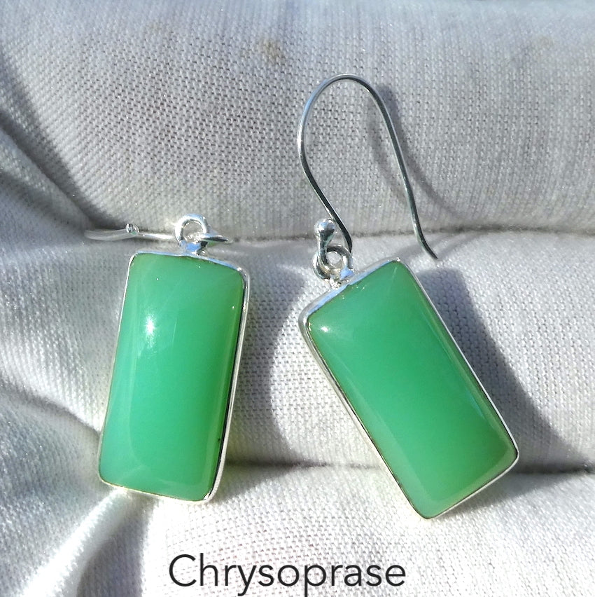 Chrysoprase Earrings | Long Oblong Cabochons | 925 Sterling Silver | Perfect Apple Green | Good Translucency | AKA Australian Jade | Empowering healer | Psychic Development | Genuine Gemstones from Crystal Heart Melbourne Australia since 1986