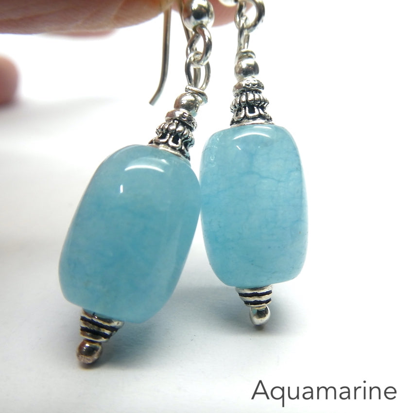 Aquamarine Earrings | 15 mm cylinder beads | Good Colour and Translucensy | Ethnic Silver Cap and Stylised Hooks | Genuine Gems from Crystal Heart Australia since 1986