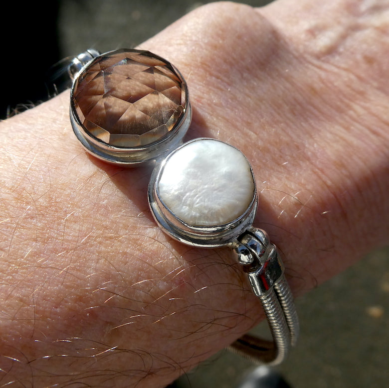 Smoky Quartz Bracelet | Large Faceted Smoky Quartz with Biwa Pearl | 925 Sterling Silver | Bracelet width 60 to 65 mm | Grounding | Emotionally Healing | Spiritual Empowerment | Genuine Gems from Crystal Heart Melbourne Australia since 1986