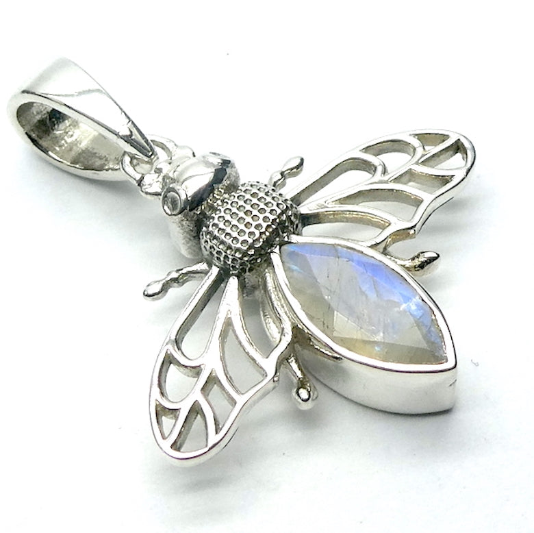 Bee Jewelry Pendant | 925 Sterling silver | Faceted Moonstone | Life Like | Wings in Flight | Creativity fertility Goddess wisdom power | Melissa | Merovingian | Genuine Gems from Crystal Heart Melbourne Australia since 1986