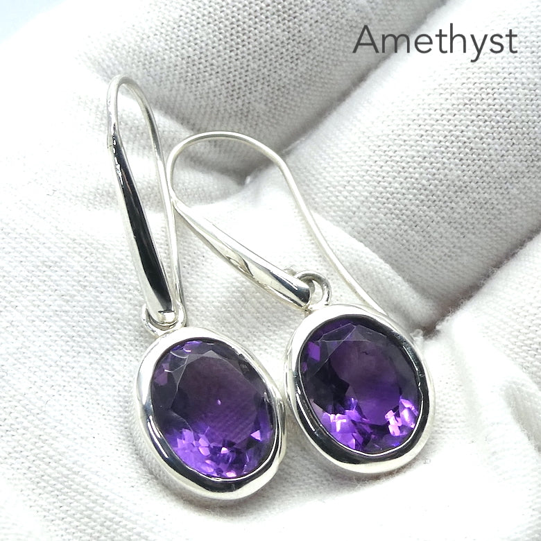 Amethyst Earrings | Faceted Ovals | Perfect Purple | 925 Sterling Silver |  Solid bezel Set | Open Back | Secure Custom Hooks | Genuine Gems from Crystal Heart Australia since 1986