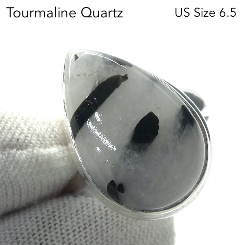 Black Tourmaline in Clear Quartz Ring | Oval Cabochon | Natural | US Size 6.5 | AUS Size M1/2 | 925 Sterling Silver | Genuine gems from Crystal Heart Melbourne Australia since 1986