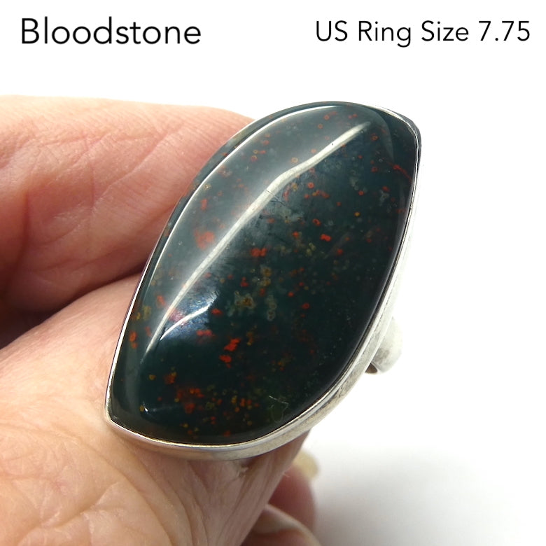 Bloodstone Ring |  Heliotrope | Freeform Cabochon | US Ring Size 7.75 | AUS Size P | Blood Red Spots in Green Chalcedony | Easter Stone | 925 Sterling Silver | Kundalini Healing and transformation | Genuine Gems from Crystal Heart Melbourne Australia since 1986