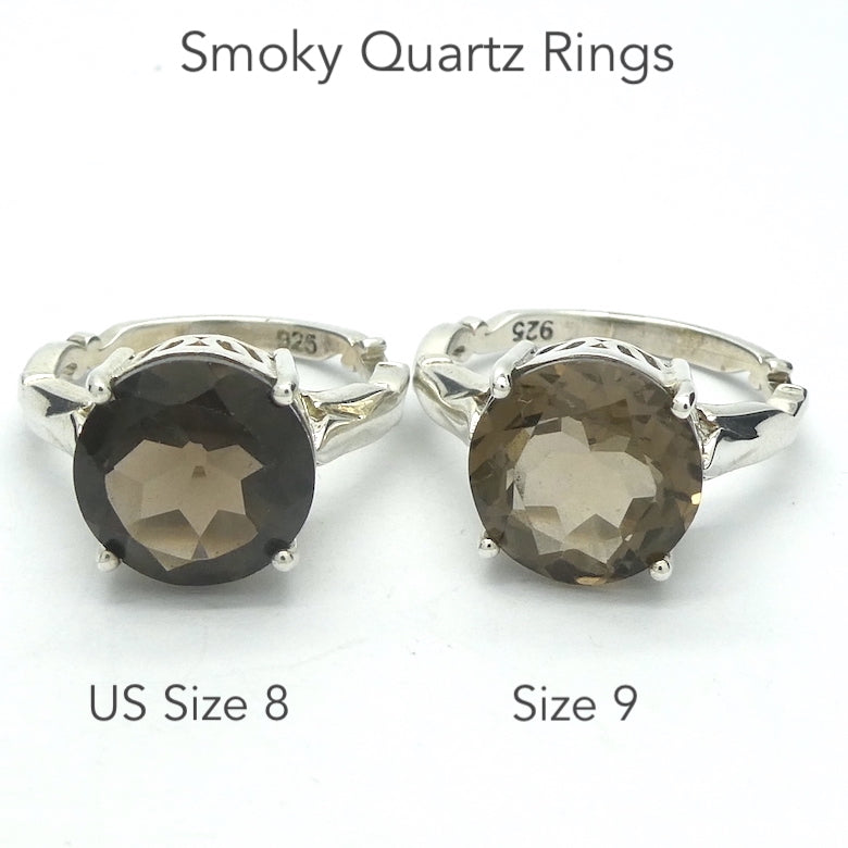 Smoky Quartz Ring | AAA Grade Faceted Round | 925 Sterling Silver | US Size 8 or 9 | Mindfulness in Body Consciousness | Grounding | Addictions | Sagittarius Capricorn stone | Genuine Gems from Crystal Heart Melbourne since 1986 | AKA ~ Smokey, Cairngorm, Morion, Indian Topaz Crystal