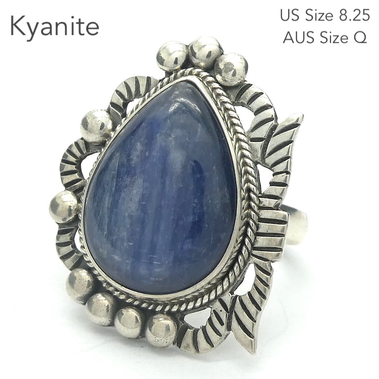 Blue Kyanite Ring | Teardrop Cabochon | 925 Sterling Silver | US Ring Size 7 | AUS Size N1/2  | Bezel set Bold Tribal Silver Design | Genuine Gems from Crystal Heart Melbourne Australia since 1986