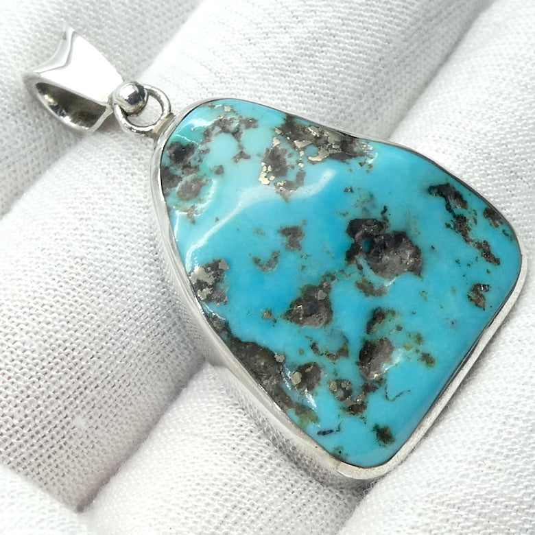 Turquoise Pendant | 925 Sterling Silver | Raw Triangular Nugget | Golden crystals of Pyrites | Arizona | Sagittarius Scorpio Pisces | Genuine Gems from Crystal Heart Melbourne since 1986