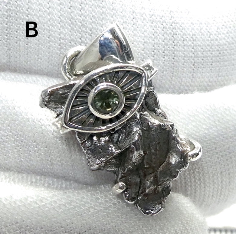 Moldavite over Nickel Iron Meteorite Pendant | Evil Eye Sun Symbol | Campo de Cielo | CZ | Natural Freeform Shapes | 925 Sterling Silver | Travel, Safety, Rugged Strength | Silent connected Meditation | Genuine Gems from Crystal Heart Australia since 1986