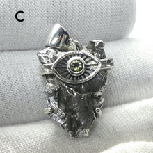 Load image into Gallery viewer, Moldavite over Nickel Iron Meteorite Pendant | Evil Eye Sun Symbol | Campo de Cielo | CZ | Natural Freeform Shapes | 925 Sterling Silver | Travel, Safety, Rugged Strength | Silent connected Meditation | Genuine Gems from Crystal Heart Australia since 1986