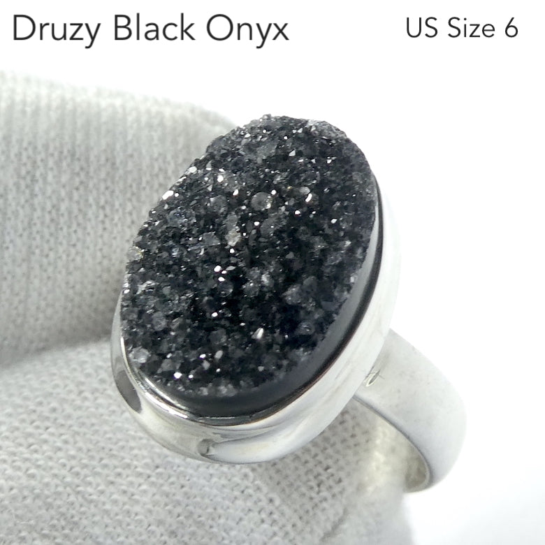 Druzy Black Onyx Ring | 925 Sterling Silver Setting | US Size 6 | AUS Size L1/2 | Empowering and protective  with tiny Quartz Crystal Sparkling like Stars in the Night Sky | Dazzling | Genuine Gems from Crystal Heart Melbourne Australia since 1986