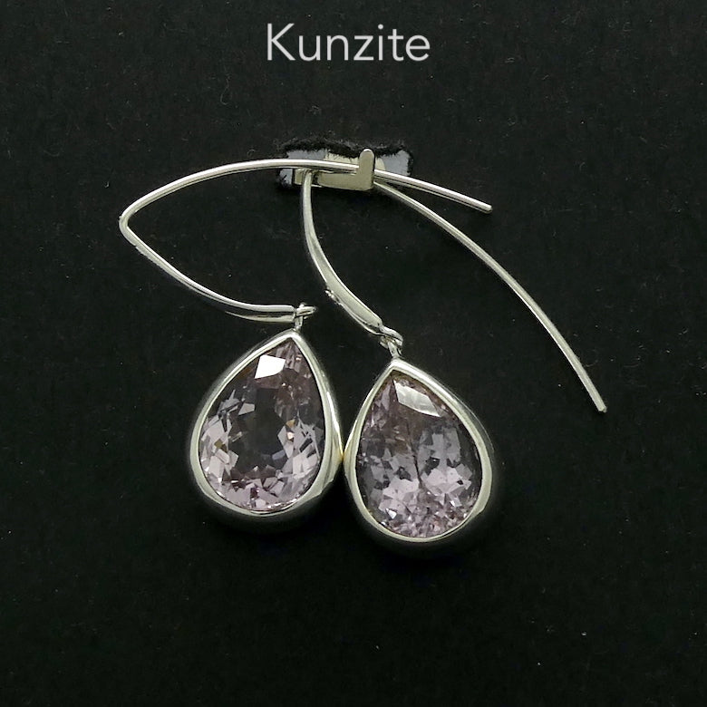 Kunzite Earrings | Faceted Teardrop | Brilliant Light | Clear Stone with minor inclusions | 925 Sterling Silver |  Deep Bezel Setting with cushioned walls | Wisdom of the Heart | Inspire Love with Clarity | Taurus Scorpio Leo | Genuine Gems from Crystal heart Melbourne Australia since 1986