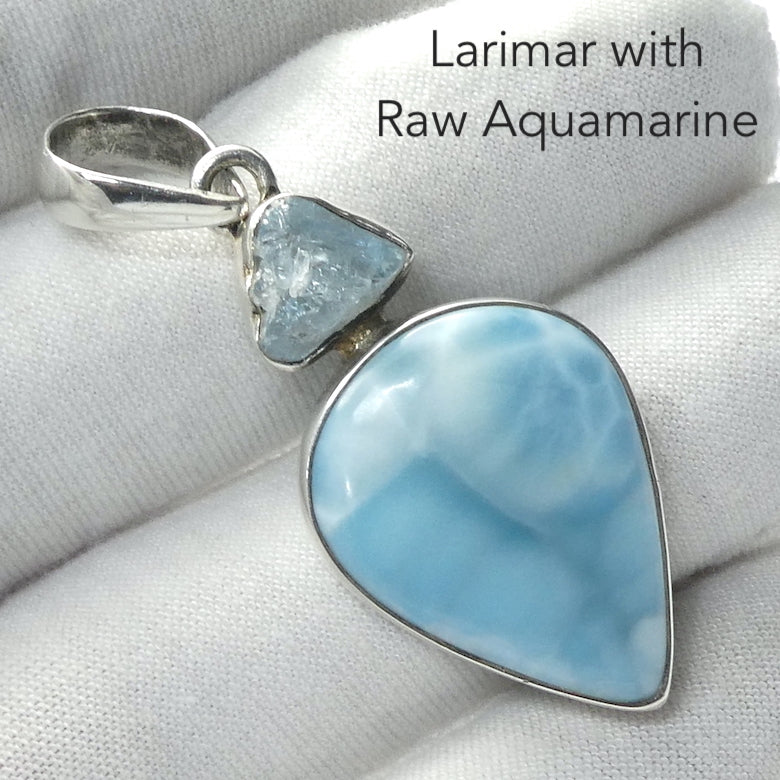 Larimar Pendant | 925 Sterling Silver | Teardrop Cabochon | Raw Aquamarine Accent | Dominican Republic Caribbean | Leo Stone | Pectolite Variety | Oceanic Sky Blue | Genuine Gems from Crystal Heart Melbourne Australia since 1986