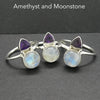 Amethyst Moonstone Ring | Round Rainbow Moonstone and Faceted amethyst Triangle |Good Color and Clarity | 925 Sterling Silver | US Size 5,6,7,8 | Genuine Gems from Crystal Heart Melbourne Australia since 1986