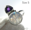 Amethyst Moonstone Ring | Round Rainbow Moonstone and Faceted amethyst Triangle |Good Color and Clarity | 925 Sterling Silver | US Size 5,6,7,8 | Genuine Gems from Crystal Heart Melbourne Australia since 1986