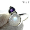 Amethyst Moonstone Ring | Round Rainbow Moonstone and Faceted amethyst Triangle |Good Color and Clarity | 925 Sterling Silver | US Size 5,6,7,8 | Genuine Gems from Crystal Heart Melbourne Australia since 1986