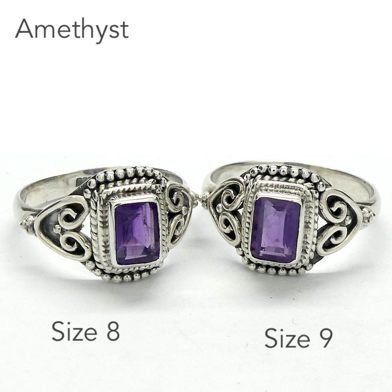 Amethyst Ring, Faceted Oblong, Ethnic Style, 925 Sterling Silver r2