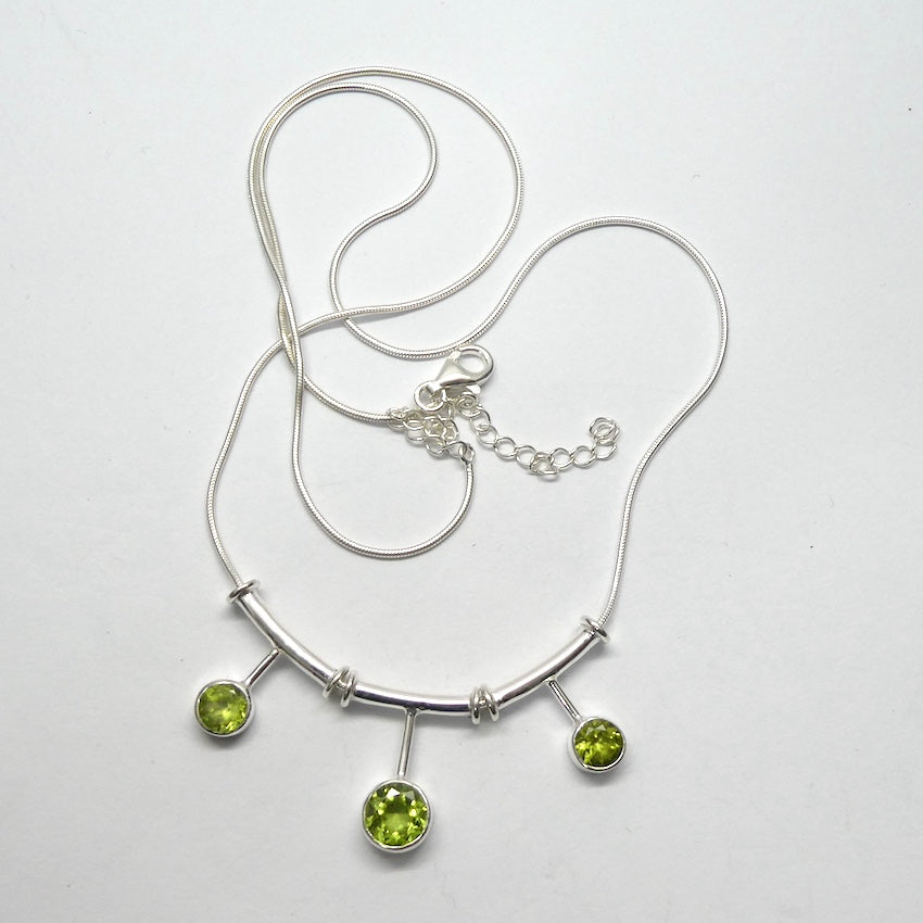 Peridot Necklace | 3 faceted rounds on elegant chain | 925 Sterling Silver| Besel set | Superbly Handcrafted | Overcome nervous tension | Joyful Heart | Genuine gems from Crystal Heart Melbourne Australia since 1986