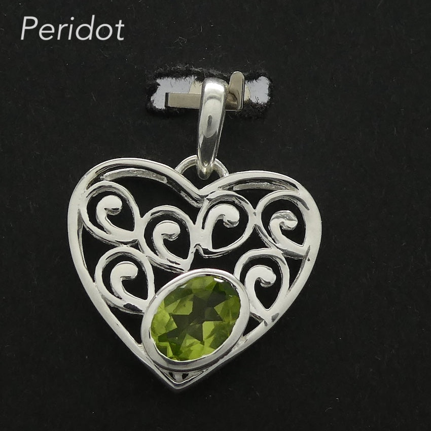 Peridot Pendant | Faceted Oval in Ornate Heart | 925 Sterling Silver|  Bezel Set | Open Back | Overcome nervous tension | Joyful Heart | Genuine gems from Crystal Heart Melbourne Australia since 1986