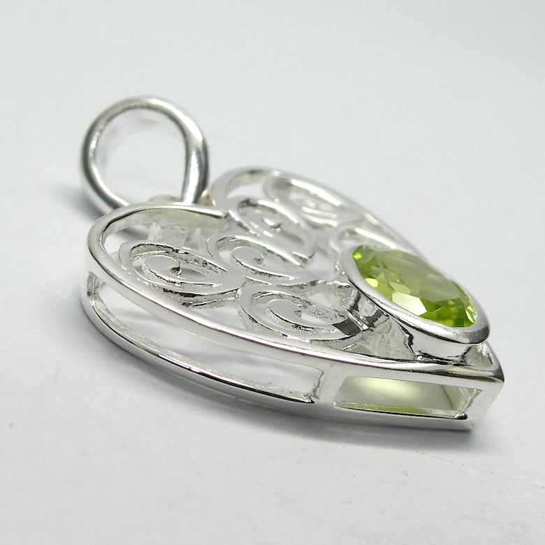 Peridot Pendant | Faceted Oval in Ornate Heart | 925 Sterling Silver|  Bezel Set | Open Back | Overcome nervous tension | Joyful Heart | Genuine gems from Crystal Heart Melbourne Australia since 1986