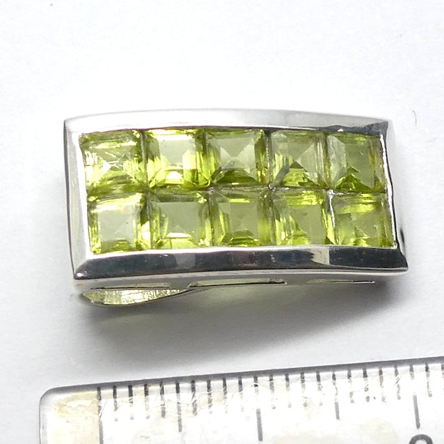 Peridot Pendant | Ten faceted Squares on Curved Panel | 925 Sterling Silver| Open Back | Overcome nervous tension | Joyful Heart | Genuine gems from Crystal Heart Melbourne Australia since 1986