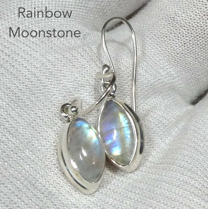 Natural Rainbow Moonstone Earrings | Dainty Marquise Cabochons | Good Transparency with Blue Flashes | 925 Sterling Silver | Cancer Libra Scorpio Stone | Genuine Gems from Crystal Heart Melbourne Australia 1986