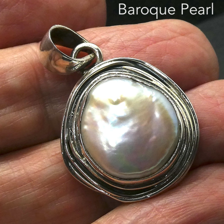 Baroque Pearl Pendant | 925 Sterling Silver | Birds Nest Silver Wire Setting | Lovely Lustre | Bezel set with open back | Genuine Gems from Crystal Heart Melbourne Australia since 1986