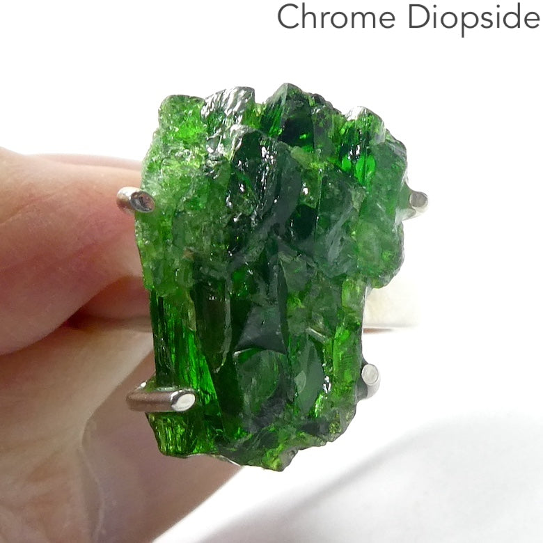 Chrome Diopside Ring | Raw Uncut Natural Nugget | Vibrant Green | 925 Sterling Silver | Claw Set | Open Back | Strong Signet Style | US Size 8 | AUS or UK size P1/2 | Genuine Gems from  Crystal Heart Melbourne Australia since 1986