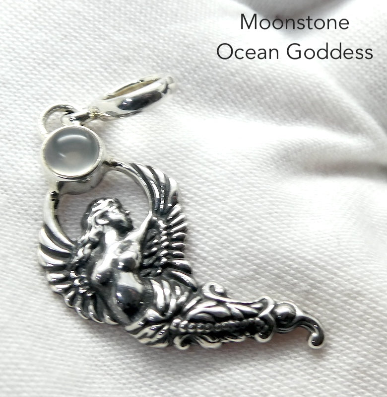 Winged Mermaid Fairy Goddess Moonstone Pendant  | Putri Duyong | Round Classic Moonstone| 925 Sterling Silver | Genuine Gems from Crystal Heart Melbourne Australia since 1986