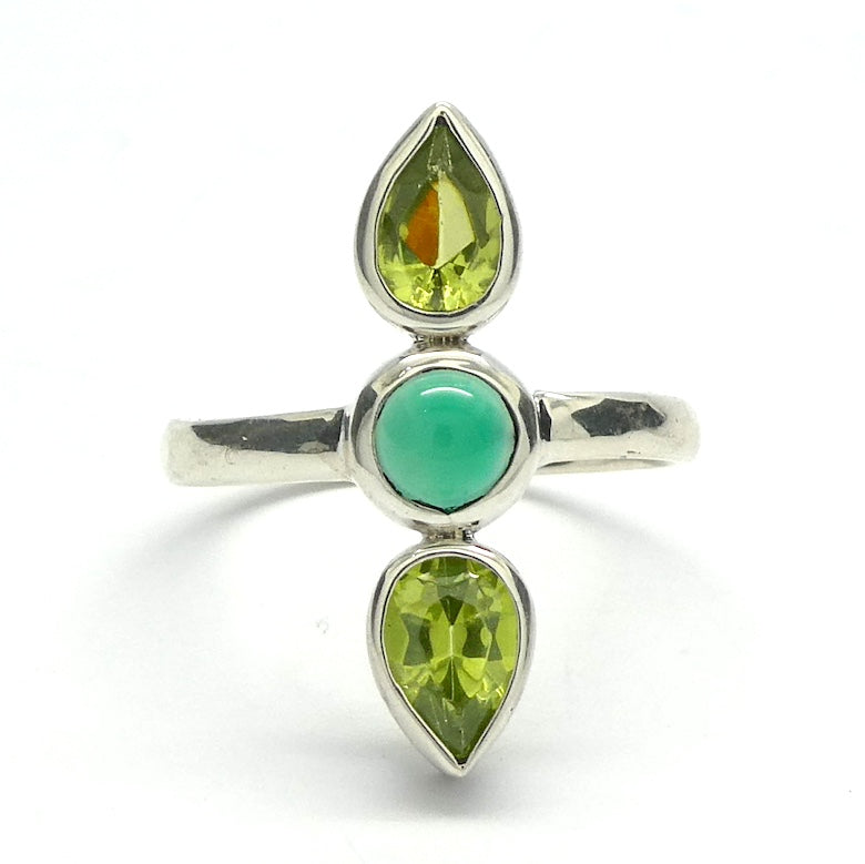 Round Green Onyx between two AA Peridot Teardrops | 925 Sterling silver | Bezel Set with open backs | US size 9 | AUS Size R1/2 |  Leo Stone | Genuine Gems from Crystal Heart Melbourne Australia since 1986