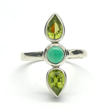 Load image into Gallery viewer, Round Green Onyx between two AA Peridot Teardrops | 925 Sterling silver | Bezel Set with open backs | US size 9 | AUS Size R1/2 |  Leo Stone | Genuine Gems from Crystal Heart Melbourne Australia since 1986