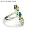 Round Green Onyx between two AA Peridot Teardrops | 925 Sterling silver | Bezel Set with open backs | US size 9 | AUS Size R1/2 |  Leo Stone | Genuine Gems from Crystal Heart Melbourne Australia since 1986