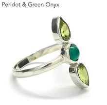 Load image into Gallery viewer, Round Green Onyx between two AA Peridot Teardrops | 925 Sterling silver | Bezel Set with open backs | US size 9 | AUS Size R1/2 |  Leo Stone | Genuine Gems from Crystal Heart Melbourne Australia since 1986