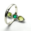 Round Green Onyx between two AA Peridot Teardrops | 925 Sterling silver | Bezel Set with open backs | US size 9 | AUS Size R1/2 |  Leo Stone | Genuine Gems from Crystal Heart Melbourne Australia since 1986