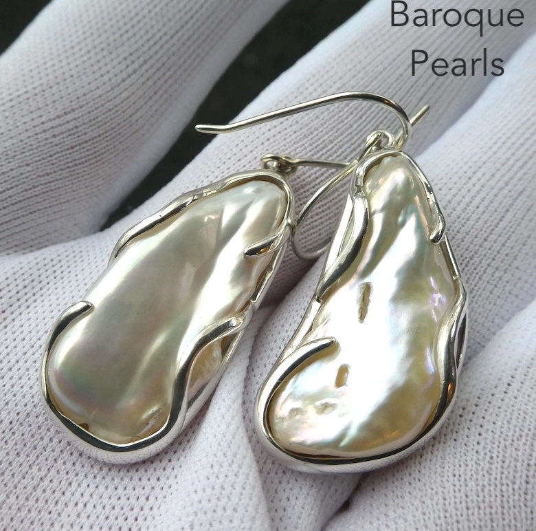 Freshwater Baroque Pearl Earrings | 925 Sterling Silver | Lovely Lustre | Bezel set and held in place by organic tendrils of Silver that overlay the pearl | Genuine Gems from Crystal Heart Melbourne Australia since 1986