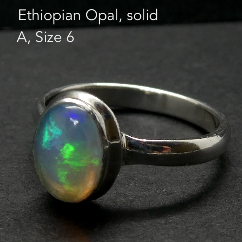 Ethiopian Opal Gemstone Ring | Solid Oval Cabochon  | Lively Display of Colours |  US Size 6 or 7 | AUS Size L1/2 or N1/2 |  Genuine Gemstones from  Crystal Heart Australia since 1986