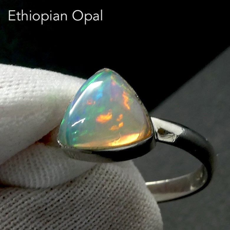 Ethiopian Opal Gemstone Ring | Solid Triangle Cabochon  | Lively Display of Colours |  US Size 7.75 | AUS Size P | Genuine Gemstones from  Crystal Heart Australia since 1986