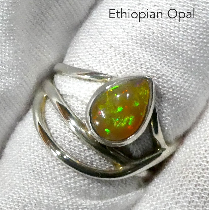 Ethiopian Opal Gemstone Ring | Teardrop Cabocbhon | Colour Flash | Interwoven Silver Band | US Size 9 | AUS Size R1/2 | Genuine Gemstones from  Crystal Heart Australia since 1986