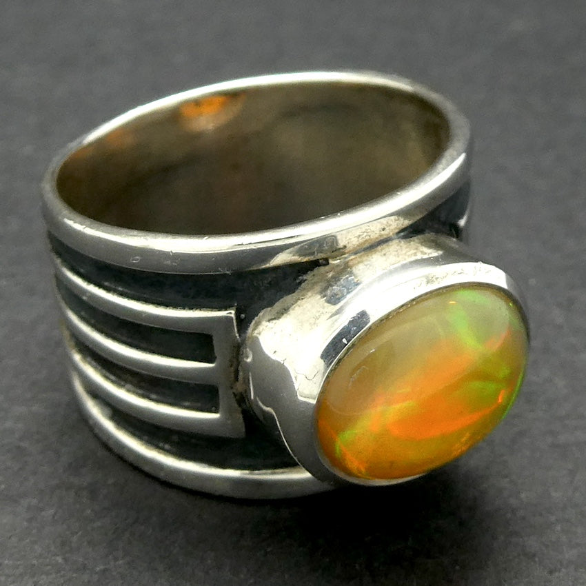 Ethiopian Opal Gemstone Ring | Large Solid Oval Cabochon  | Lively Display of Colours | Reds, Oranges and Greens in Russet Matrix |  US Size 7.5 | AUS Size O 1/2 | Genuine Gemstones from  Crystal Heart Australia since 1986