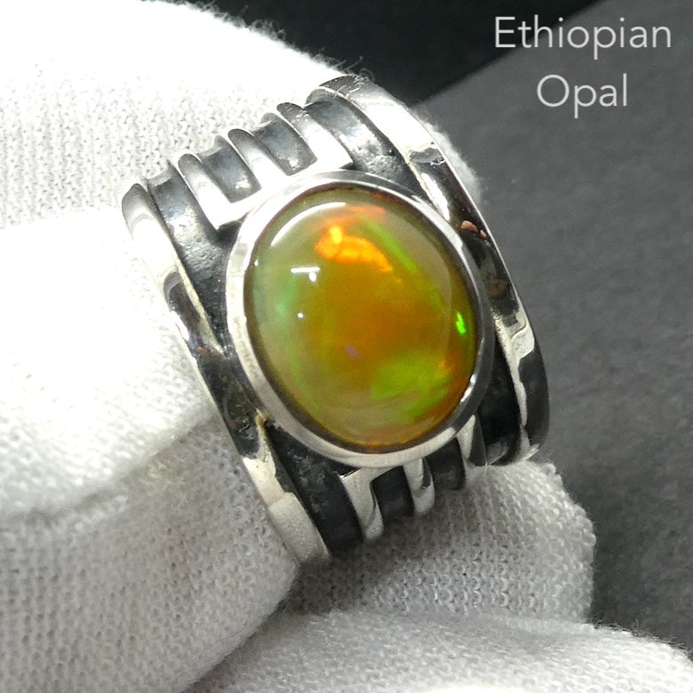 Ethiopian Opal Gemstone Ring | Large Solid Oval Cabochon  | Lively Display of Colours | Reds, Oranges and Greens in Russet Matrix |  US Size 7.5 | AUS Size O 1/2 | Genuine Gemstones from  Crystal Heart Australia since 1986