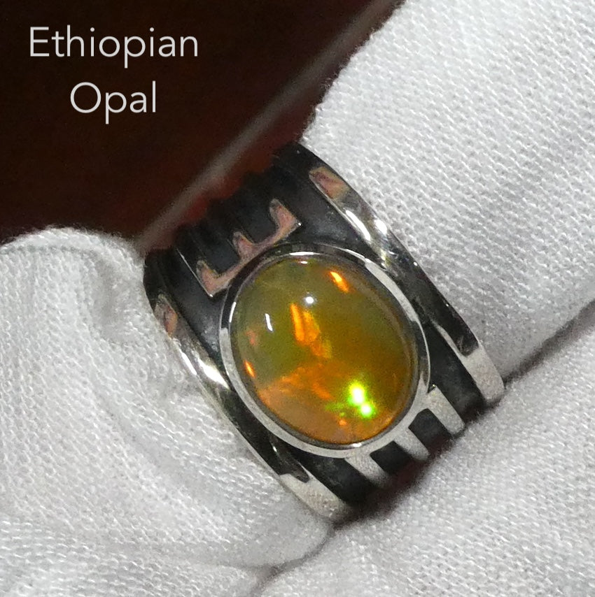 Ethiopian Opal Gemstone Ring | Large Solid Oval Cabochon  | Lively Display of Colours | Reds, Oranges and Greens in Russet Matrix |  US Size 7.5 | AUS Size O 1/2 | Genuine Gemstones from  Crystal Heart Australia since 1986