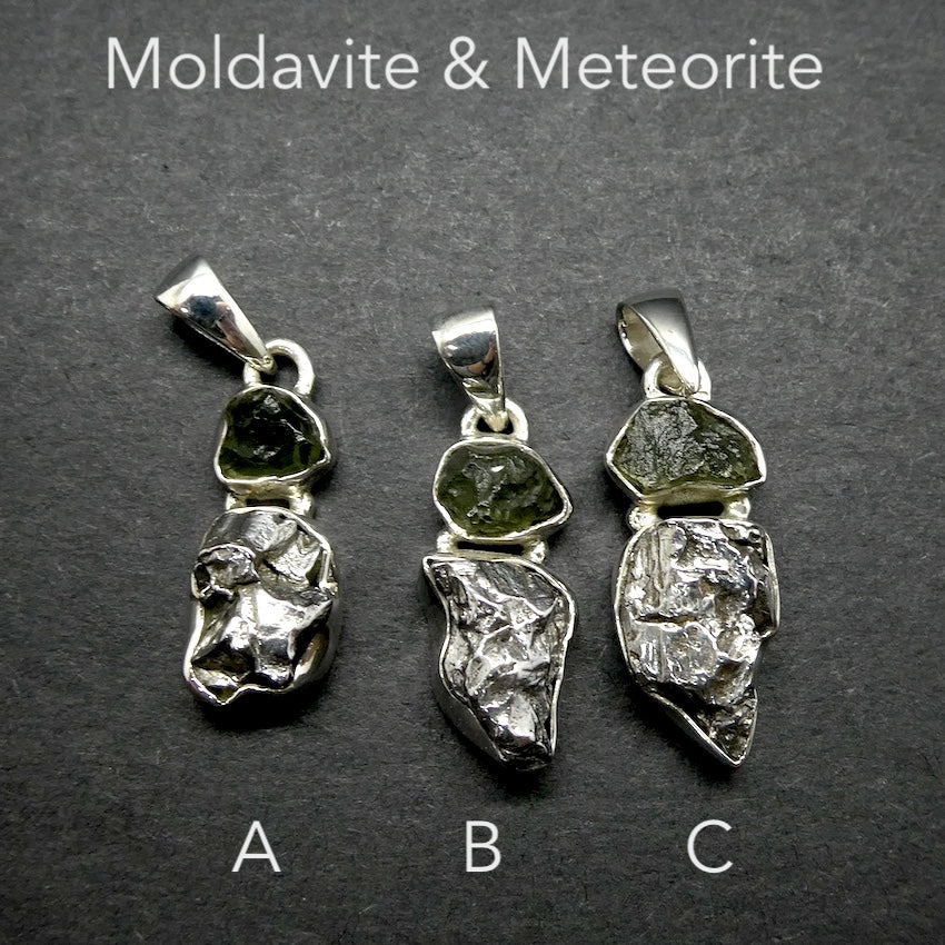 Moldavite over Nickel Iron Meteorite Pendant | Campo de Cielo | CZ | Natural Freeform Shapes | 925 Sterling Silver | Travel, Safety, Rugged Strength | Silent connected Meditation | Expansion | Inspiration | Genuine Gems from Crystal Heart Australia since 1986