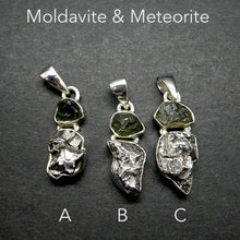 Load image into Gallery viewer, Moldavite over Nickel Iron Meteorite Pendant | Campo de Cielo | CZ | Natural Freeform Shapes | 925 Sterling Silver | Travel, Safety, Rugged Strength | Silent connected Meditation | Expansion | Inspiration | Genuine Gems from Crystal Heart Australia since 1986